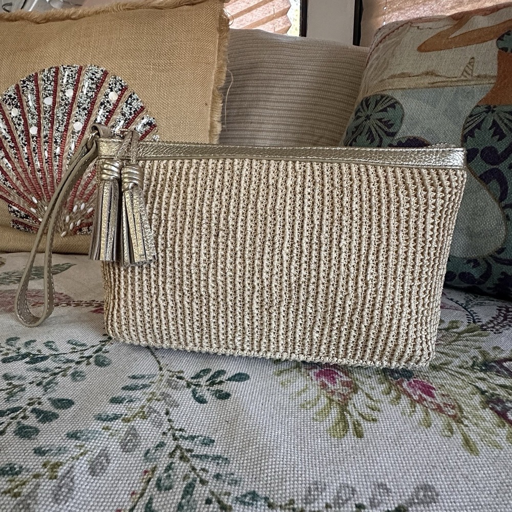 TALBOTS Cosmetic / Clutch Bag Gold Metallic Thread Tassels 10" X 5"‎ Wrist Strap